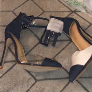 Denim thick ankle strap heels